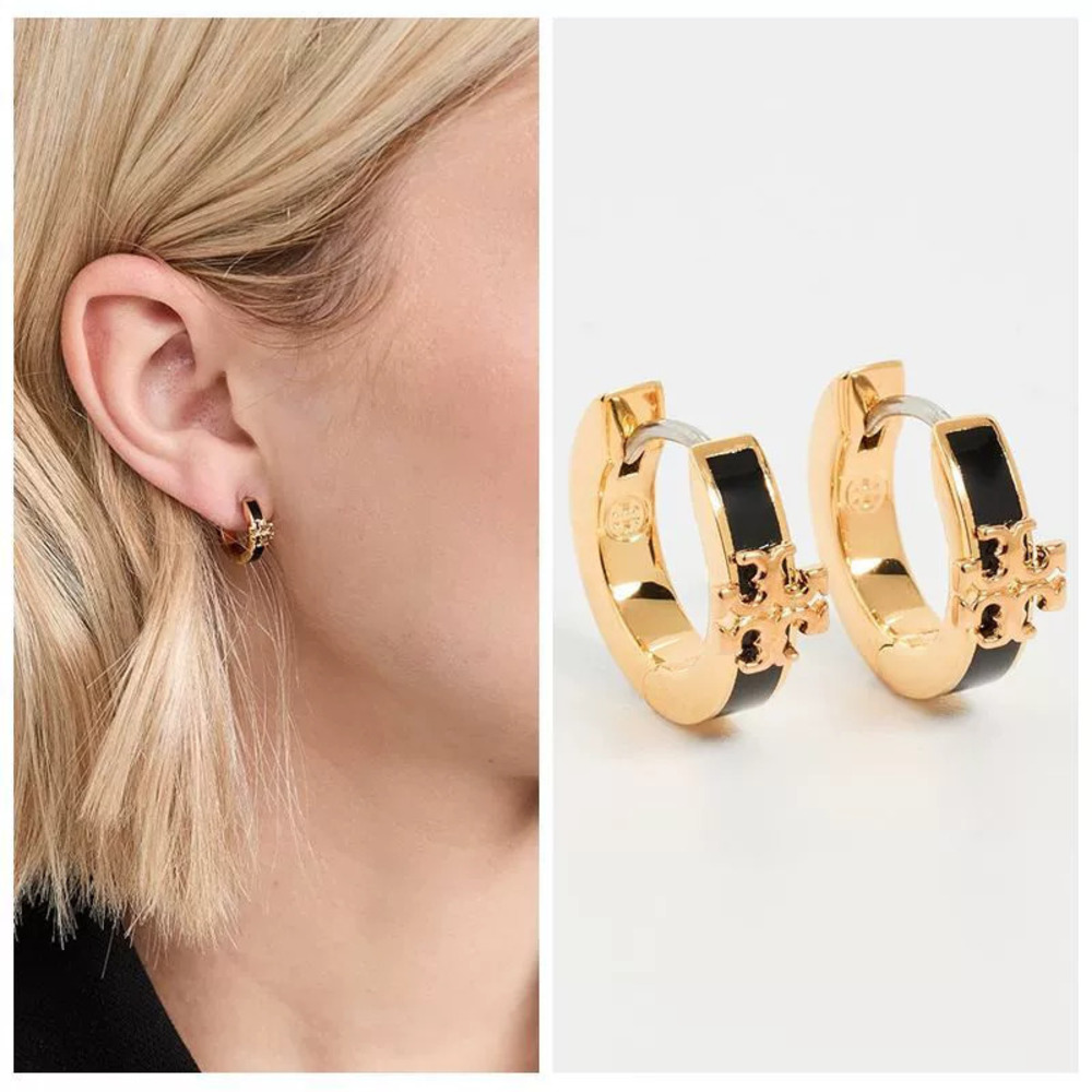 Tory Burch Gold Black Enamel Round Hoop Earrings